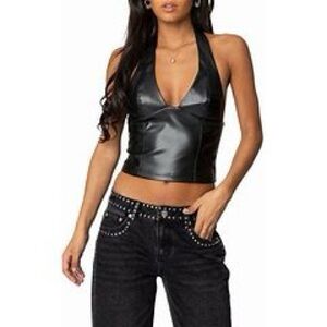 Zara Women's Faux Leather Black Backless Haltertop Size XL NWT